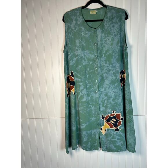 Vintage 90s World Apart button front dress // Size Medium turtle Rayon tie-dye - Picture 1 of 9